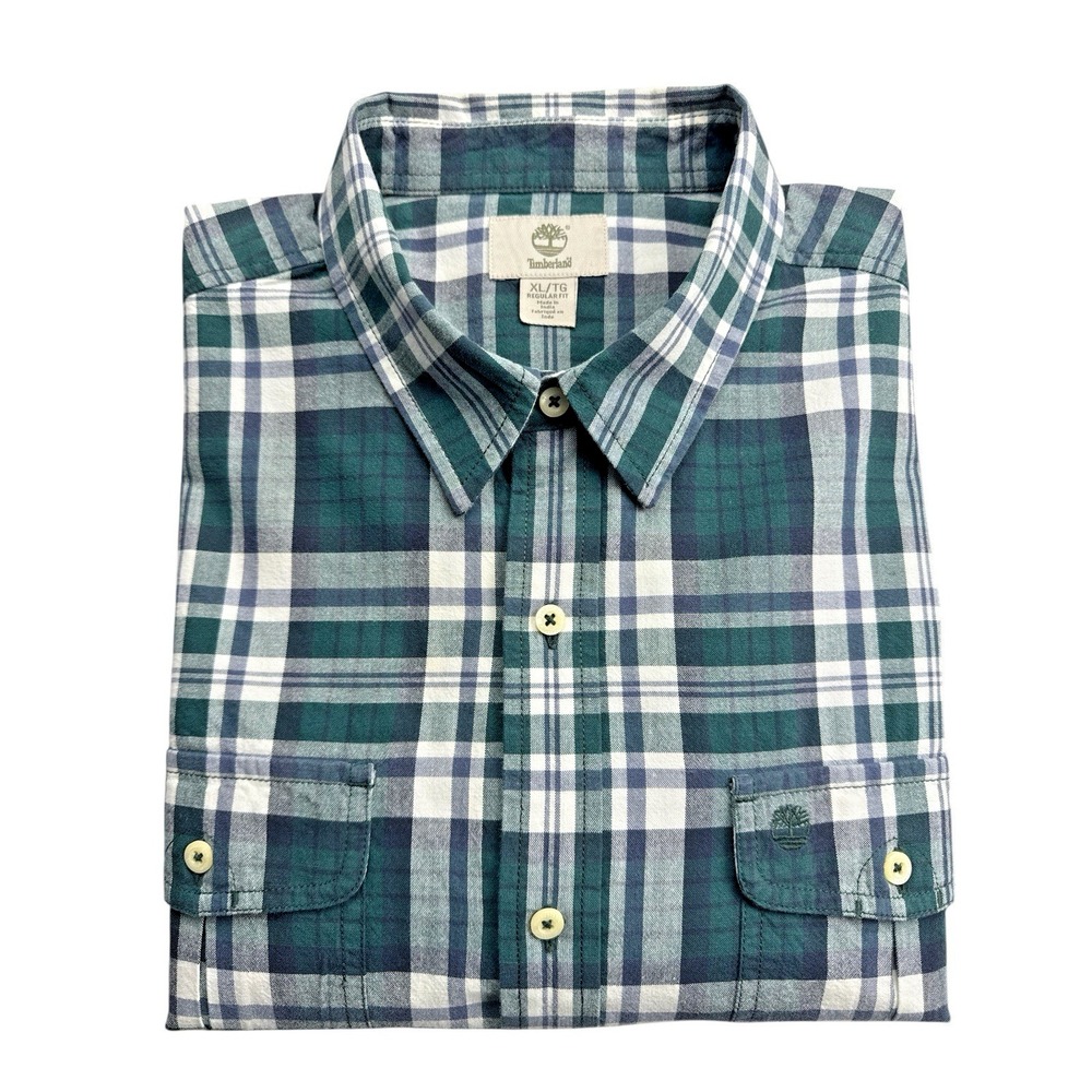 Timberland Men's Green Plaid Long-Sleeve Shirt – 100% Cotton, Regular Fit, XL/TG